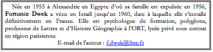 Text Box: Ne en 1953  Alexandrie en Egypte do sa famille est expulse en 1956, Fortune Dwek a vcu en Isral jusquen 1960, date  laquelle elle sinstalle dfinitivement en France. Elle est psychologue de formation, polyglotte, professeur de Lettres et dHistoire Gographie  lORT, lyce priv sous contrat en rgion parisienne.E-mail de l'auteur : f.dwek@free.fr